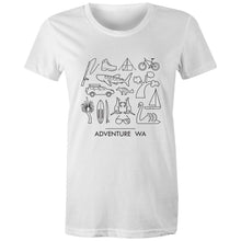Load image into Gallery viewer, Adventure WA white t-shirt women's black icons balga